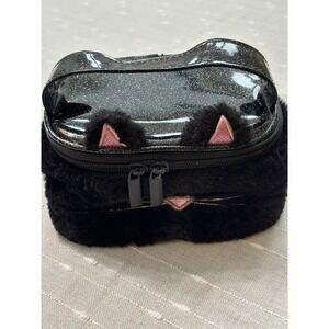 Claire's Faux Fur Plush & Vinyl Black Glitter Cat Zipper Cosmetic Bag W/Handle
